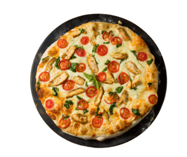 ALFREDO CHICKEN pizza Chicken, mozzarella & Alfredo (no red sauce)